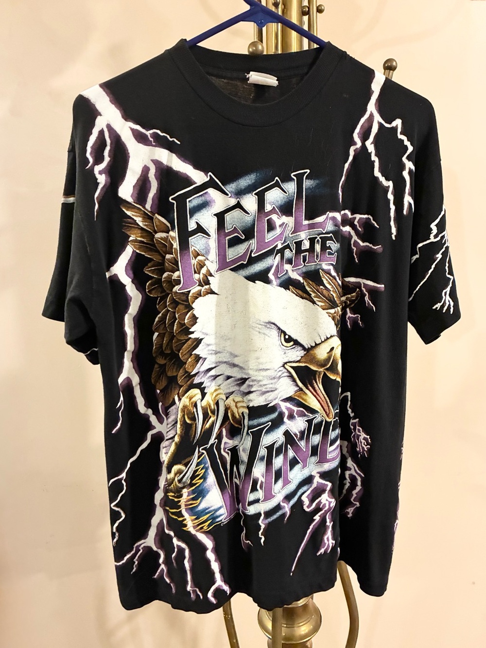 VTG 90s Caribbean Dream ‘Feel The Wind’ Eagle Lightning Graphic Tee Black Large